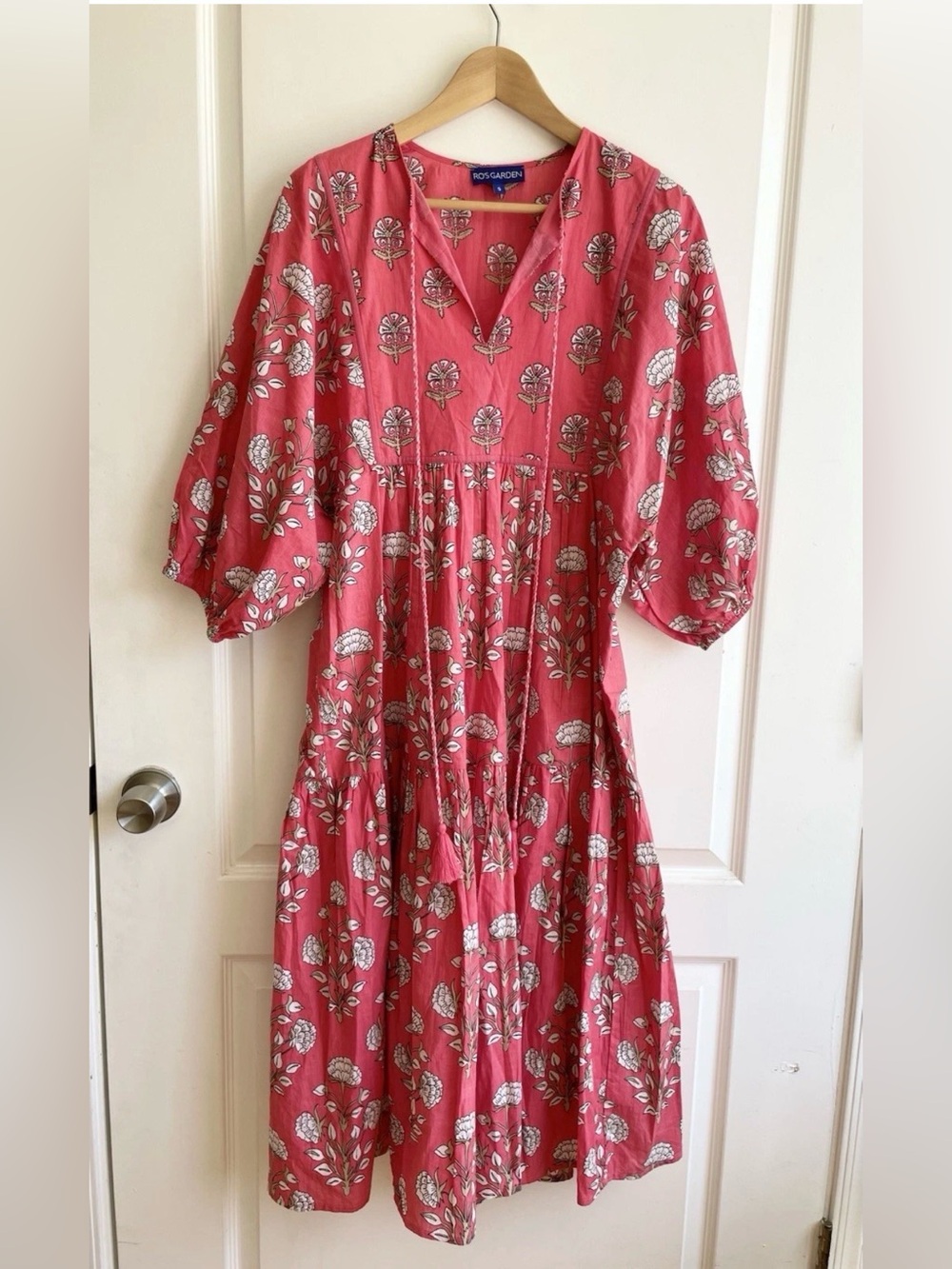 Ro’s Garden Womens Puff Sleeve Peasant Style Midi Dress Small 100% Cotton Light